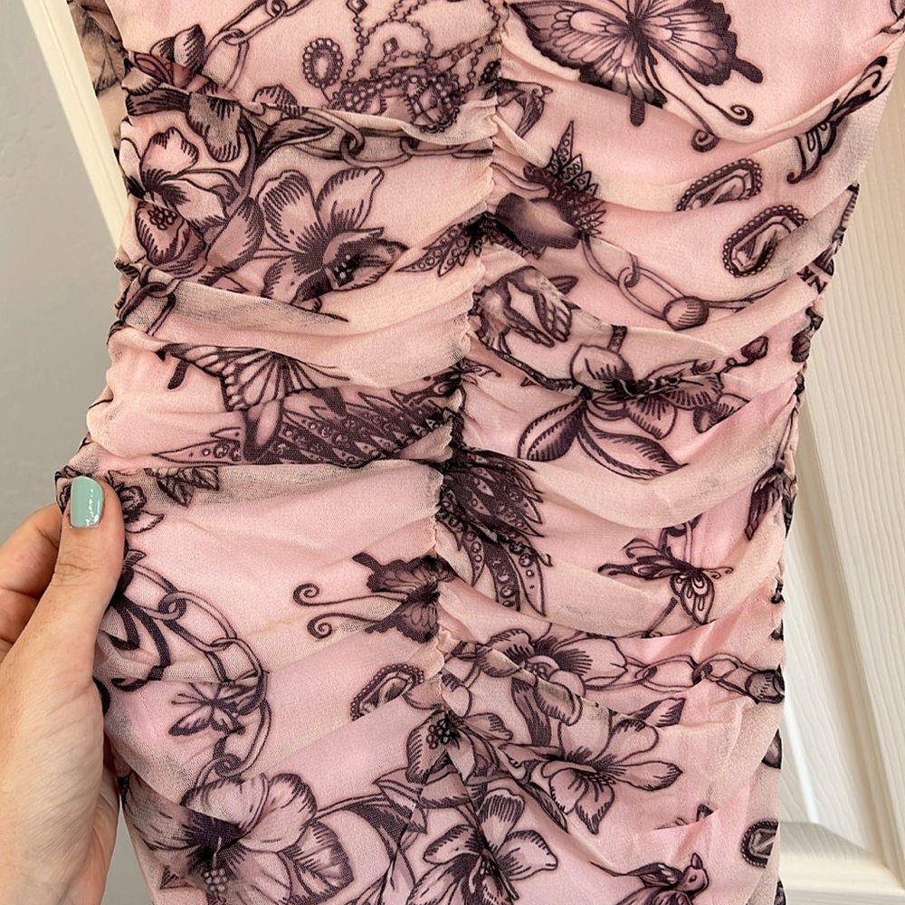 PINKO Slim Fit Tattoo Print Midi Dress ruched mesh long sleeve pink black small - Picture 13 of 13